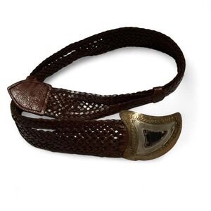 VTG Chico's Morocco Brown Bohemian Braided Leather‎ Belt with a metal buckle.